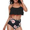 Teerfu, costume da bagno due pezzi da donna, con top increspato con balza e slip a vita alta con controllo della pancia, Verde scuro, XL