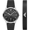 Emporio Armani Orologio da uomo, movimento a tre lancette con data, cassa in acciaio inossidabile nero da 43 mm con cinturino in pelle, AR80064SET