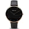 BERING 14839-462 - Orologio da polso da donna al quarzo, cassa in acciaio inossidabile da 39 mm color oro rosa e quadrante nero, cinturino in pelle di vitello, vetro zaffiro, 3 ATM