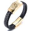 HALUKAKAH Bracciale Oro Uomo,Placcato Oro 24k Massiccio Acciaio Titanio Testa di Leone Animale Selvatico Vichingo Bracciale in Pelle Fatto a Mano Chiusura Magnetica 21.5cm,Pacco Regalo Gratuita