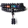COAI Bracciale Multistrato 108 Perle Mala in Onice Opaco, Collana Rosario Buddista Unisex con Pietre dei Sette Chakra