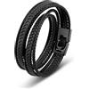 SERASAR Regalo per Uomo Bracciale Nero 34cm Braccialetto Pelle Cuoio Aggiustabile Regolabile Magnetico Bracciali Braccialetti Perline Bigiotteria Cinturino Braciale Bambino Men Bracelet Nere