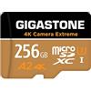 Gigastone [5 Anni Recupero Dati 0] Gigastone scheda di memoria 256 GB 4K Camera Extreme, Specialmente per GoPro Drone Switch, Velocità 100 MB/s. Video 4K, A2 U3 V30 Scheda Micro SDXC con Adattatore SD.