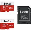 Lexar Micro SD 64 GB, Scheda Micro SD fino a 100 MB/sec(R), Scheda di Memoria microSDXC con Adattatore SD, A1, U3, C10, V30, Micro SD Card confezione da 2