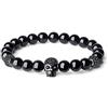 COAI Bracciale da Uomo con Perle in Tormalina Nera e Charm Teschio con Zirconi, Bracciale Elastico da Uomo in Pietre Naturali