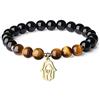 COAI Bracciale Mano di Fatima con Tormalina Nera e Occhio di Tigre Marrone, Bracciale Unisex con Amuleto Portafortuna e Pietre Benefiche