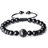 COAI Bracciale Uomo Regolabile in Pietre Tormalina Nera con Amuleto Testa di Leone in Rame, Bracciale di Ispirazione Shamballa in Pietre semi-preziose
