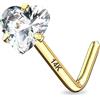 CM Crareesi Mania - Piercing per naso in oro giallo 14K, con zircone cubico a forma di cuore, set di gemme a griffe, spessore 20 gauge, punta curva a forma di cuore, 20G, Zirconia cubica Oro giallo