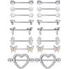 ADRAMATA 8 Paire Piercing Acciaio Chirurgico Capezzolo Set CZ Cuore Farfalla Anello con Catena Bar Lingua Gioielli Donna