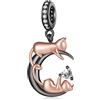 NINGAN 925 Argento E Oro Rosa Gattino Ciondolo Charm Nero Compatibile Signore Bracciale Collana Regalo Di Compleanno Per La Famiglia Di Un Amico