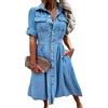 shownicer Vestiti Jeans Donna Estivi Vestiti Camicia Maniche Corte Estate Blu Casual Vestito Scollo a V Camicia Vestito Denim Maxi Dress N Blu XL
