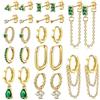 LOLIAS 12 Pairs Smeraldo Set Orecchini Oro Acciaio Chirurgico Orecchini Placcati Oro Donna Catena Ciondolo gli Orecchini Cerchio Oro Verde Piccolo Zircone Piercing Orecchio