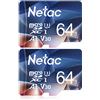 Netac 64G Scheda Micro SD Set da 2, Scheda di Memoria A1, U3, C10, V30, 4K, 667X, UHS-I Velocità fino a 100/30 MB/sec(R/W) Micro SD Card per Telefono, Videocamera, Switch, Gopro, Tablet