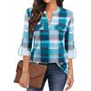 Siddhe Camicetta da donna con scollo a V, maniche a 3/4, con chiusura lampo, a maniche lunghe, Azzurro a quadretti, M