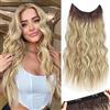PORSMEER Extension Capelli Filo Invisibile Mossi,Lunga Extension Clip Fascia Unica,Extension Sintetici Posticci Capelli Ondulati Ricci Naturale per Donna,Biondo ombre con marrone scuro 50 cm
