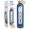 Wessper Borraccia in vetro borosilicato con indicazione del tempo, 1 l, ermetica con coperchio in bambù, 1 l, riutilizzabile, con custodia in silicone, colore: blu