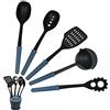 Calitek CAL157 - Set di 5 utensili con supporto e poggia-cucchiaio, nylon, blu, utensili antiaderenti, set utensili da cucina, cucchiaio per spaghetti, pentole, spatola