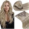 LaaVoo Extension Clip Capelli Veri, Marrone Chiaro con Biondo Highlight, 45cm 120g 7pcs, Capelli Naturali, Lunga Durata, per Cerimonie Importanti, Colore P8-24