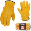 Vgo... 3 paia Guanti da Lavoro Uomo in Pelle Bovina Sicurezza Lavoro, Guanti da Giardinaggio Edilizia Costruzione, Guanti Antinfortunistici(CB9501) (7/S,3 paia, giallo)