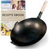 pasoli Wok martellato a mano + eBook gratis - pre-bruciato - tradizionale teglia asiatica - Padella wok in acciaio al carbonio - Padella wok adatta a induzione - Diametro 36 cm