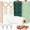 HanCheng 60 m x 3 mm Filo Macrame Set di 3, Colorata Corda Macrame Kit con 40 Perline, 6 Cerchi, 2 Bastoncini, 3 Portachiavi (Beige, Verde Scuro, Verde Chiaro)