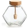 QUUPY Barattolo di vetro vuoto da 380 ml con dispenser per miele a forma esagonale a forma di mestolo, per casa, cucina, negozio di miele e sciroppo, marmellata gelatina