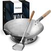 Hulon Set wok innovativo, set wok con anello wok e spatola, padella wok in acciaio al carbonio martellato a mano, set di padelle adatte a induzione, diametro 35.6 cm