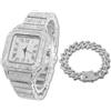 HALUKAKAH Quadrante Quadrato Orologio Oro con Diamanti,Uomo Placcato Platino Oro Bianco Quarzo Cinturino 24cm,con Catena da Cubane Bracciale 20cm,con Pacco Regalo