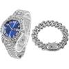 HALUKAKAH Quadrante Blu Orologio Oro con Diamanti,Uomo Placcato Platino Oro Bianco Quarzo Cinturino 24cm,con Catena da Cubane Bracciale 20cm,con Pacco Regalo