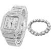 HALUKAKAH Orologio Oro con Diamanti per Uomo,Placcato Platino Quarzo Cinturino 24cm Quadrante Quadrato,con Catena da Tennis con Diamanti a Grappolo Bracciale 20cm,con Pacco Regalo