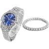 HALUKAKAH Orologio Oro con Diamanti,Uomo Placcato Platino Oro Bianco Quarzo Cinturino 24cm Quadrante Blu,con Catena da Tennis Bracciale 20cm,Viene Fornito con Pacco Regalo
