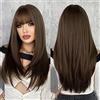 PORSMEER - Parrucca lunga marrone scuro da donna, capelli sintetici lisci e resistenti al calore con frangia per festa di Halloween, travestimento, anime