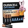 DURACELL Optimum AAA Batterie (Confezione da 4) - Batterie Alcaline da 1,5 V - 200% Più Attivi Power Boost - Soddisfano le Esigenze dei Dispositivi Moderni - 100% Riciclabili - MX1500