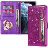 VLQI Glitter Cover Compatibile con Samsung Galaxy S21 FE 5G Custodia a portafoglio in pelle da donna con porta carte con cerniera antiurto magnetica, cinturino da polso, viola glitter
