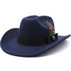 Faringoto Cappello da uomo Fedora a tesa larga con piume, cappello vintage jazz, cappello da cowboy occidentale, Blu navy, Etichettalia unica