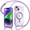 Pnakqil Magnetica Cover con Cordino per iPhone 14, Compatibile con Magsafe Ricarica Wireless, Trasparente Placcatura Disegno Custodia con Collana Laccio Tracolla per iPhone 14, Ultra Sottile (Purple)