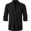 YAOHUOLE Uomo Camicia Lino Maglietta in Lino con Lacci Uomo Nero L