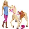 Barbie - Playset Bambola e Cavallo, include una Barbie snodata bionda con il caschetto e il suo cavallo marrone con sella e briglie rimovibili, giocattolo per bambini, 3+ anni, FXH13