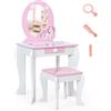 COSTWAY Set Toeletta per Ragazza, Toeletta Trucco per Bambini con Sgabello, Specchio Staccabile e Cassetto, Postazione Trucco in Legno per Cameretta 49.5 x 35.5 x 89cm (Bianco)