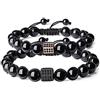 COAI Coppia di Bracciali in Tormalina Nera Pietra Naturale con Charm Amuleto Cubo con Zirconi Neri, Bracciali di Coppia per Innamorati Familiari Migliori Amici