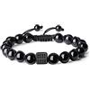 COAI Bracciale da Uomo in Tormalina Nera Naturale con Charm Cubo con Zirconi Neri, Bracciale Regolabile con Perline di Tormalina Nera da Uomo