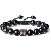 COAI Bracciale da Donna in Tormalina Nera Naturale con Charm Cubo con Zirconi Neri, Bracciale Regolabile con Perline di Tormalina Nera da Donna