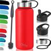 Milu - Borraccia in acciaio inox, con 3 coperchi, thermos con cannuccia, bottiglia isolata termicamente, a prova di perdite, a doppia parete, adatta per bevande gassate (Rosso, 1000 ml)