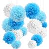 YBwanli Decorazione Festa Tema Blu，24 Pompon di Carta velina，Fiori di Carta Pompon，Adatto per Feste di Compleanno，Matrimoni，Festa del Ragazzo，Decorazione(Azzurro,Blu,Bianco)