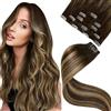 LaaVoo Extension Capelli Veri Clip, Balayage Marrone Cioccolato a Caramello e Biondo, 40cm 80g, Capelli Naturali, Volume Istantaneo, per Feste e Cerimonie, 5pcs Colore 4-4-27