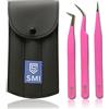 SMI 3 Pinzetta Extension Ciglia punta in fibra, Pinzette Diritto e Curvo Tip Pinza, Ciglia finte, Professionale Pinzette in Acciaio Inox, Kit Pinzetta per Ciglia, con Custodia da viaggio (ROSA)