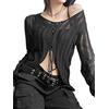 YUSHUO Dark Gothic See Through Blusa Nero Casual Maglieria T-shirt Manica Lunga Streetwear Donne Tops-nero, M