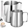 Tianher Bricco per Latte in Acciaio Inox,Tianher 2 Pezzi Bricco Latte Schiumatore Schiuma Brocca Tazza 350ml 600ml con Misurazione della Temperatura Latte Art Penna Lattiera per Cappuccino (argenteo)
