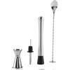 HERCHR Kit da Barman 4 Pezzi, Misurino Doppio per Cocktail in Acciaio Inox con Tappo Versatore, Manico a Spirale Ergonomico Cucchiaio da Bar e Pestello, Set di strumenti per miscelare bevande