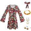 ERFGT 6 Pezzi Costume da Hippie Donna, Costume Carnevale Donna Anni 60-70, Vestito Hippie da Donna, Fascia, Corona di Fiori, Collana, Orecchini, Occhiali, Accessorio Donna Costume di Halloween Carnevale